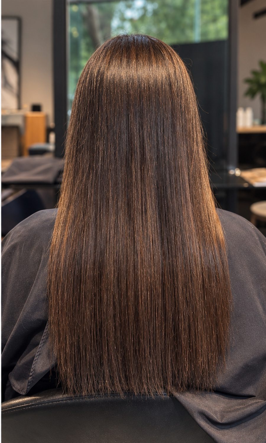 Long, straight, glossy dark brown hair seen from behind after a Keratin treatment