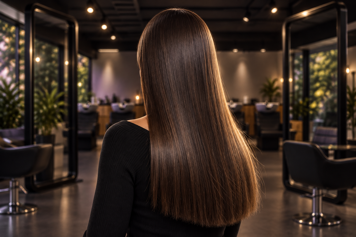 Stylist straightening a client's hair with a flat iron in the Terreamer salon