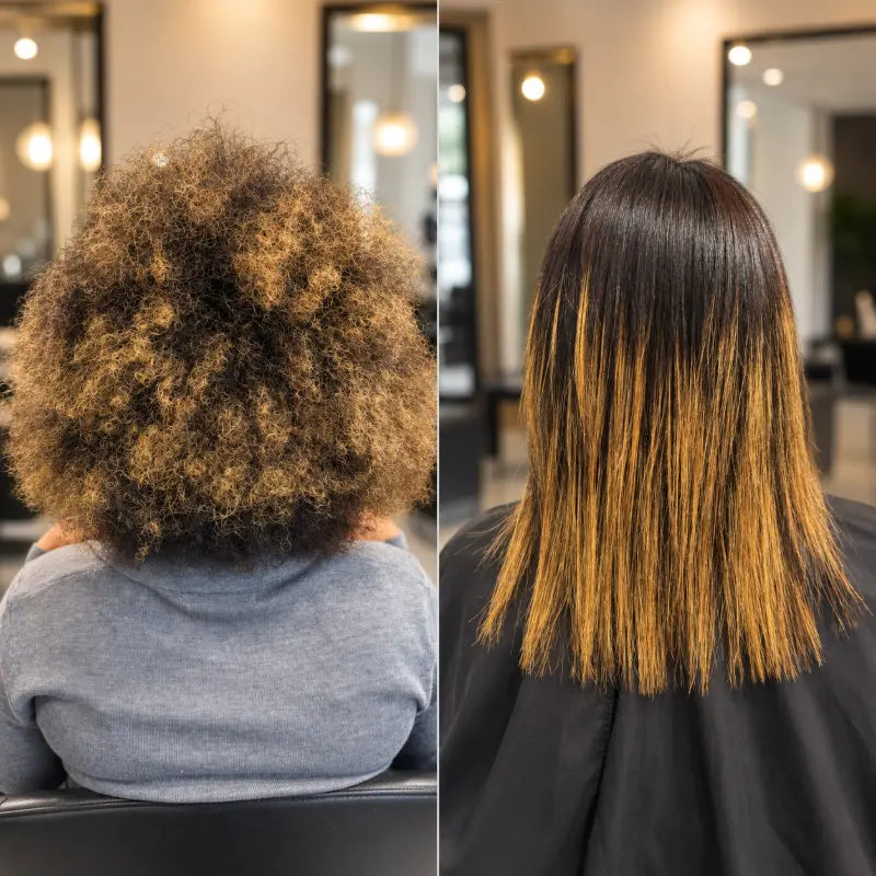Before and after Keratin: Afro-textured, coily hair with blonde ends (left), smooth and straight to just below the shoulders (right)