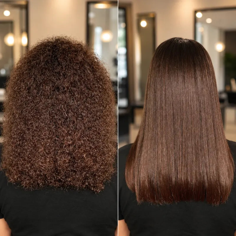Before and after Keratin: tightly curled brown hair (left), smooth, straight and shiny below the shoulders (right)