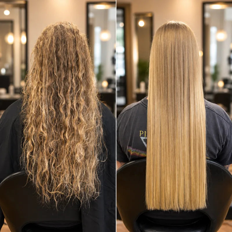 Before and after Keratin: long, curly, frizzy dark-blonde hair (left), sleek, straight and glossy (right)