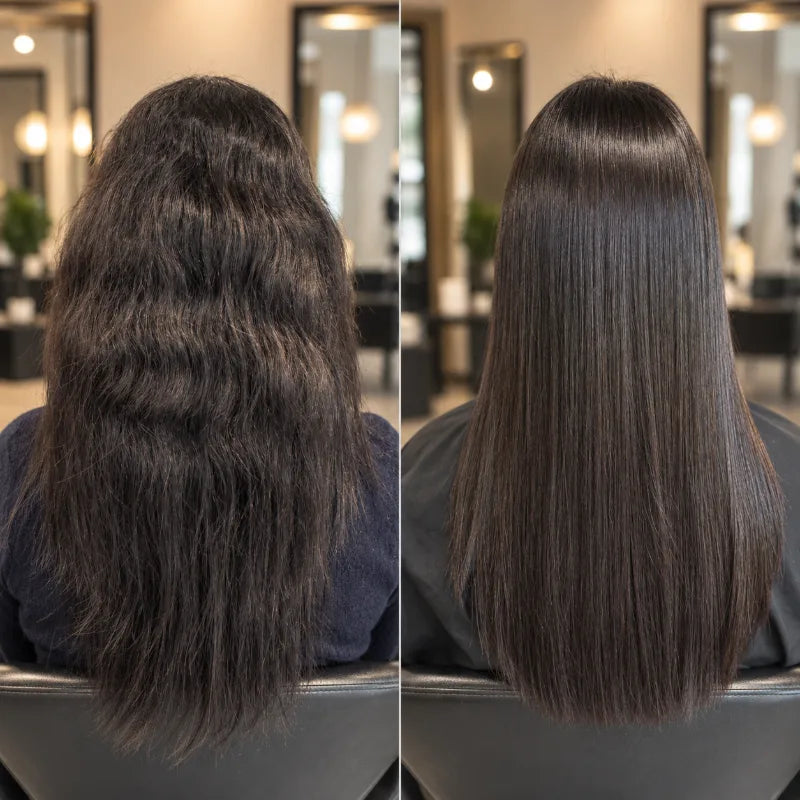 Before and after Keratin: long, thick, wavy dark brown hair (left), sleek and straight (right)