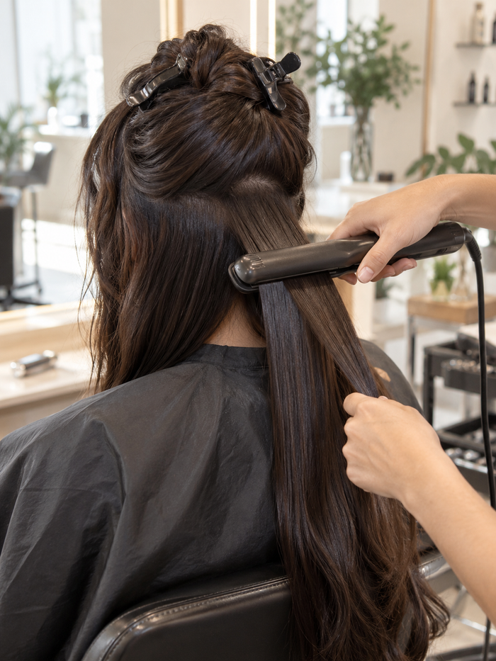 Shoulder-length brown hair mid-treatment: the lower hair sealed straight with a flat iron, the top section clipped up