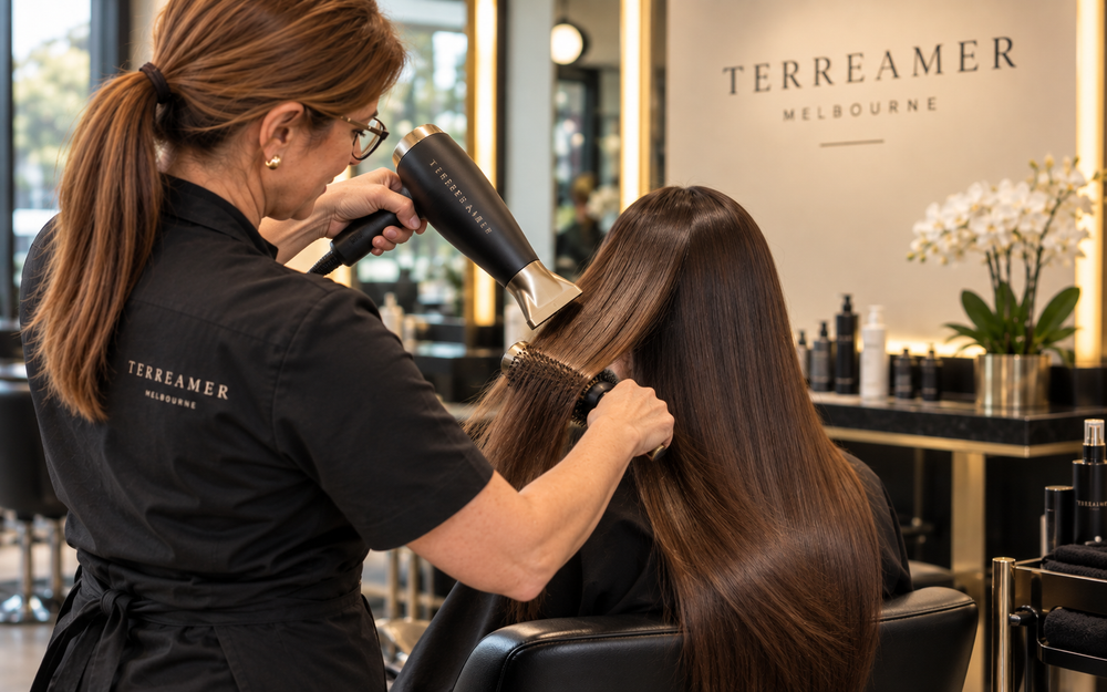 Sandra Issa, co-founder of Terreamer, straightening a client's hair in the salon