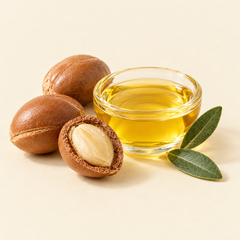Argan nuts and a small dish of argan oil