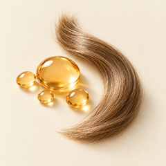 Golden keratin droplets beside a smooth lock of hair