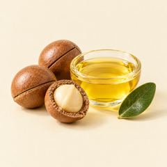 Macadamia nuts, one cracked open, beside a dish of macadamia oil